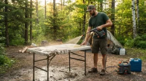 Cleaning a dirty camping table outdoors using a portable pressure washer for camping.