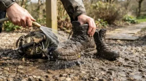 A portable pressure washer for camping washing dirty hiking boots and muddy camping gear.