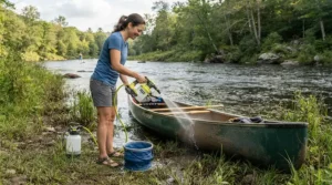 Rinsing river sand and salt off a recreational kayak with a portable pressure washer for camping.