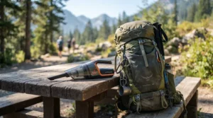 Holding a lightweight portable pressure washer for camping next to a backpack and water jug.