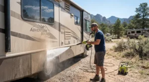 Using a portable pressure washer for camping to rinse dust off the side of a parked motorhome.