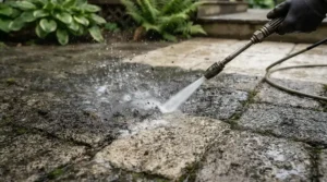 Close-up of a powerful electric pressure washer for concrete removing dirt from backyard patio pavers.