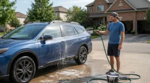 A first-time user testing a pressure washer for beginners choosing the right PSI on a sedan in a suburban driveway.