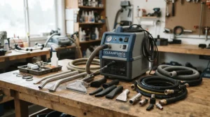 Unboxing a starter kit for a pressure washer for beginners choosing the right PSI with various nozzles.