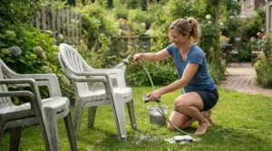 A beginner applying a pressure washer for beginners choosing the right PSI to clean plastic patio chairs.