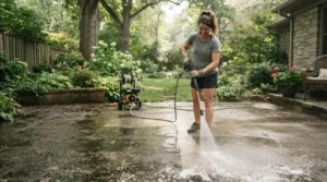 A homeowner using a pressure washer for beginners choosing the right PSI to clean a backyard concrete patio.