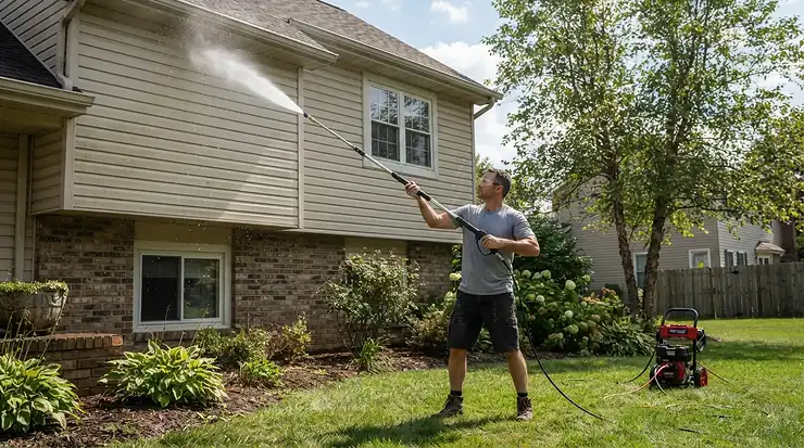 A novice operating a pressure washer for beginners choosing the right PSI to clean vinyl house siding.