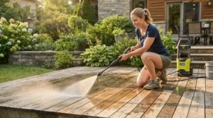Using a low-pressure setting on a pressure washer for beginners choosing the right PSI to wash a wooden deck.