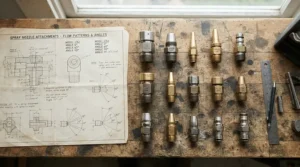 An informational chart and pressure washer nozzle set for multiple surfaces displayed on a work table