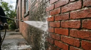 A pressure washer nozzle set for multiple surfaces targeting moss on an exterior red brick wall