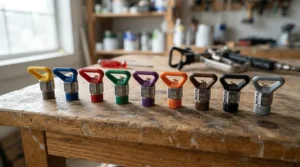 Colorful quick-connect tips from a pressure washer nozzle set for multiple surfaces organized on a workbench