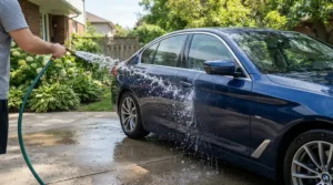 A pressure washer nozzle set for multiple surfaces connected to a spray gun for rinsing a family sedan