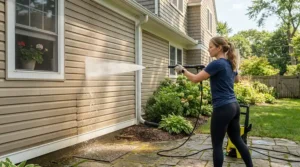 Using a pressure washer nozzle set for multiple surfaces to wash vinyl siding on a suburban home exterior