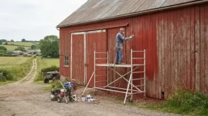Cleaning weathered barn wood with a pressure washer with water tank for remote areas.