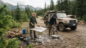 A mobile pressure washer with water tank for remote areas rinsing outdoor gear at a backcountry campsite.