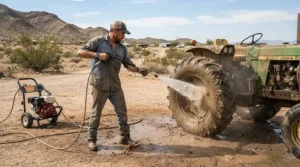 A heavy-duty pressure washer with water tank for remote areas operating on a desert ranch property.