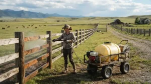 Washing a wooden ranch fence using a pressure washer with water tank for remote areas.