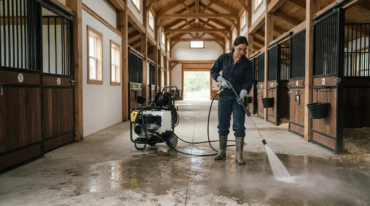 A pressure washer with water tank for remote areas used for washing down a horse stable yard.