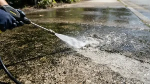Evaluating the ideal PSI and GPM combination for driveway cleaning on a heavily stained suburban concrete slab.