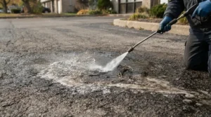 Targeting stubborn motor oil with the correct PSI and GPM combination for driveway cleaning results.