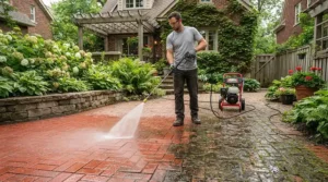 Testing a gentle PSI and GPM combination for driveway cleaning on delicate interlocking paver bricks.