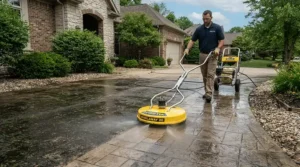 Using a rotary surface attachment to demonstrate the right PSI and GPM combination for driveway cleaning speed.