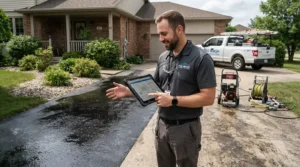 Calculating time savings with an optimal PSI and GPM combination for driveway cleaning projects.