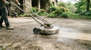 Measuring the diameter of a surface cleaner attachment for driveway pressure washing before starting outdoor chores.