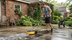 Operating a rotary surface cleaner attachment for driveway pressure washing near a suburban garage entrance.