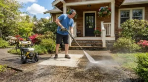 Spring maintenance using a surface cleaner attachment for driveway pressure washing on stained front steps.