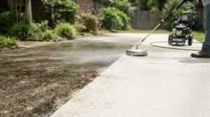 Achieving streak-free concrete cleaning results with a surface cleaner attachment for driveway pressure washing.