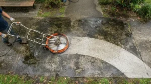 Demonstrating the coverage width of a surface cleaner attachment for driveway pressure washing on a suburban pavement.