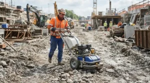 Wheel-mounted portable gas pressure washer for job sites being maneuvered across rough gravel