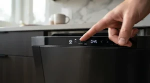 Close-up of the top-control digital interface on an 18-inch compact built-in dishwasher during a wash cycle.