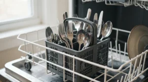 A loaded cutlery basket inside the bottom rack of an 18-inch compact built-in dishwasher ready to run.