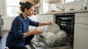 Loading dinnerware into the rack of an 18-inch compact built-in dishwasher to demonstrate its place-setting capacity.