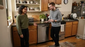 A landlord and tenant discussing an 18-inch compact built-in dishwasher upgrade in a rental property kitchen.