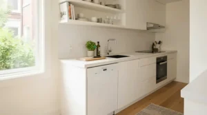 An 18-inch compact built-in dishwasher installed seamlessly in a cozy apartment kitchen during a remodel.
