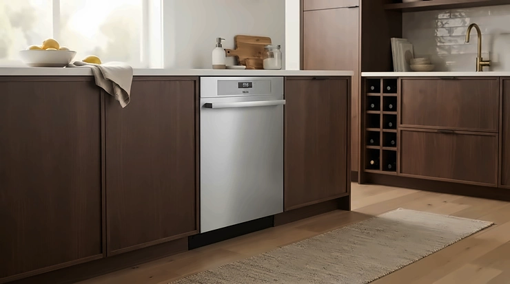 Stainless steel 18-inch compact built-in dishwasher operating quietly in a modern urban condo kitchen.