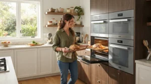 An eco-friendly 24-inch built-in dishwasher operating quietly in a brightly lit suburban family kitchen.