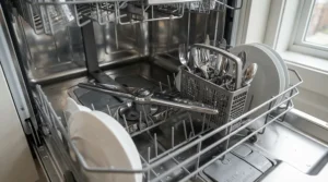 A pristine stainless steel interior of a 24-inch built-in dishwasher showing powerful spray jets tackling hard water spots.