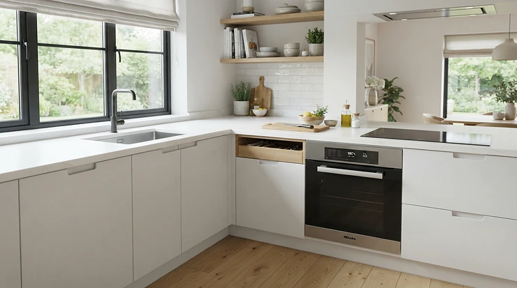 A sleek 24-inch built-in dishwasher installed seamlessly beneath white marble countertops in a contemporary home kitchen.