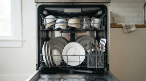 A loaded 24-inch built-in dishwasher showing upper and lower racks packed with dinnerware for a large family gathering.