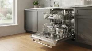 A durable stainless steel tub inside a modern 24-inch built-in dishwasher reflecting clean dishware.