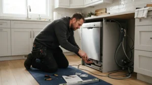 A professional technician completing the installation of a 24-inch built-in dishwasher beneath wooden kitchen cabinets.