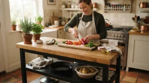 Using the wood surface of the best portable dishwasher for family of four as extra prep space for meal ingredients.