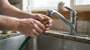 Connecting the hose of the best portable dishwasher for family of four to a kitchen sink faucet adapter.