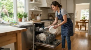 A parent loading dinner plates into the best portable dishwasher for family of four in a busy suburban kitchen.
