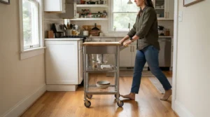 Rolling the best portable dishwasher for family of four on casters into a tight apartment kitchen corner.