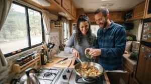 A family cleaning up after dinner using a compact dishwasher for RV and travel trailer in their vacation camper.